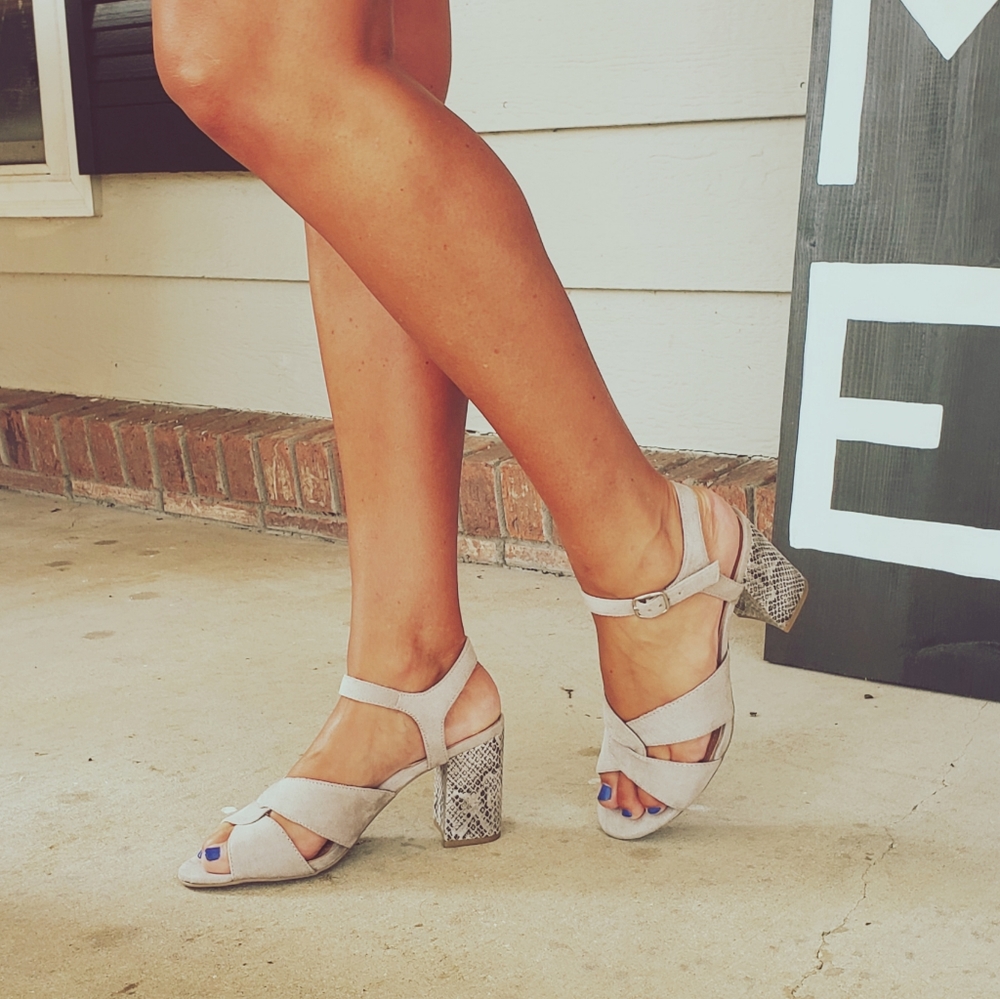 New Directions Gray Snakeskin Block Heel Sandal